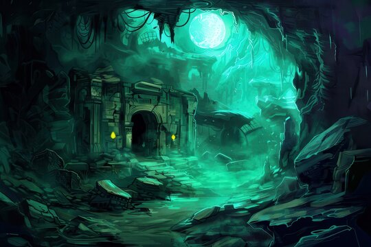 Mysterious glowing ruins in an underground cavern with a large moon in the background