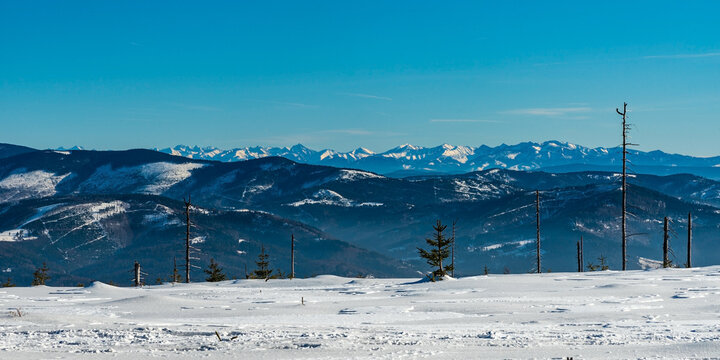 Tatra mountains from Wierch Wiselka hill near Barania Gora hill in winter Beskid Slaski mountains