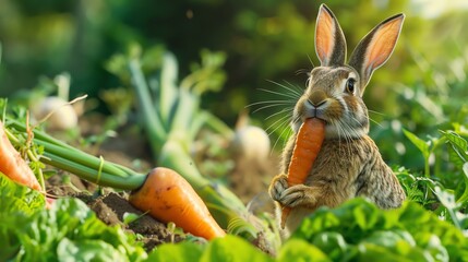 Fototapeta premium A brown rabbit with big ears eats a carrot in a garden.