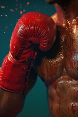 Naklejka premium Angry strong boxer with very strong musculature. All sweaty with veins poping. His gloves are red and hitting strong. Generative Ai