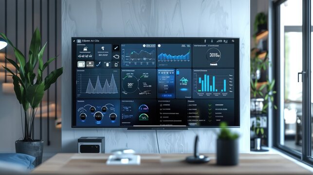 A digital home security dashboard on a smart TV, showcasing various security camera feeds and AI-detected activities.