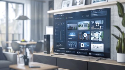 A digital home security dashboard on a smart TV, showcasing various security camera feeds and AI-detected activities.