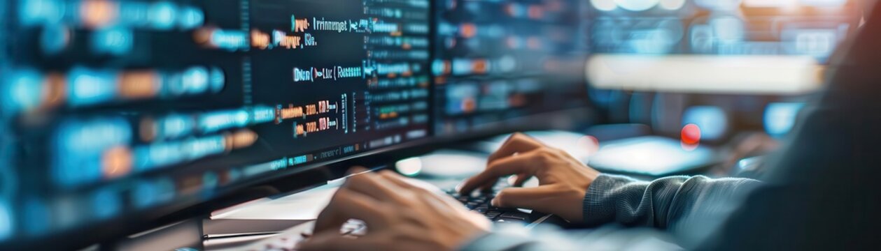 Close-up of programmer coding on computer with multiple monitors showing code and graphs, working on software development project in tech office.