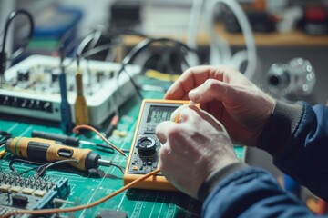 Repairman Checking Voltage With Digital Multimeter Engineer or technician repair electronic circuit board with soldering iron