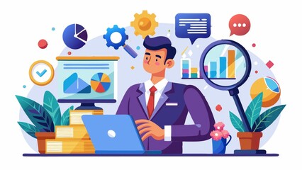 A businessman is working on his laptop, analyzing data presented as charts and graphs. A magnifying glass focuses on one particular chart, representing a focused approach to data analysis. The surroun