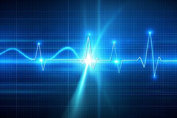 Vibrant blue abstract background featuring a dynamic digital EKG line rhythmically pulsating with a steady heartbeat pattern, conveying energy, technology, and medical innovation.