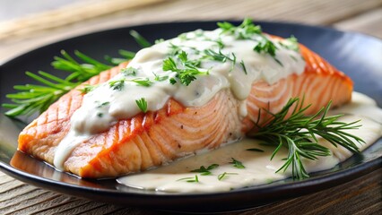 A close-up of a grilled salmon fillet topped with a creamy white sauce, garnished with fresh herbs. The dish is served on a black plate, highlighting the beautiful colors and textures of the meal.