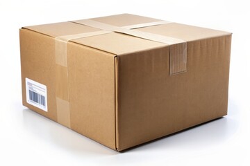 A lone hand cradles a sturdy brown cardboard box with packing tape and shipping labels, isolated on a clean white background, emphasizing e-commerce.