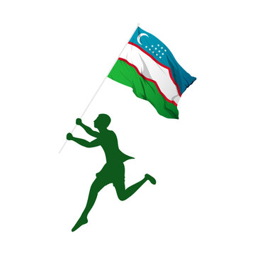 recommend clip art: Vector illustration of man running and holding Uzbekistan flag in hands on transparent background