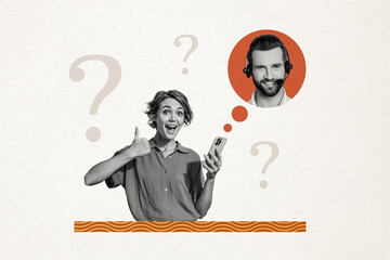 Composite trend artwork sketch photo collage of headphones support online help call center service man face young lady customer thumb up