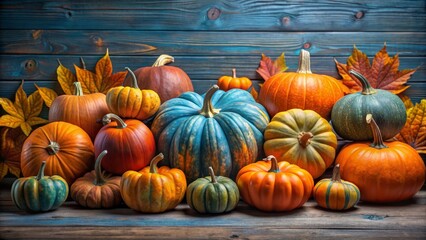 A collection of pumpkins in various colors and sizes, including traditional orange, green, and blue, arranged on a rustic blue wood background with autumn leaves. The pumpkins symbolize fall, harvest,