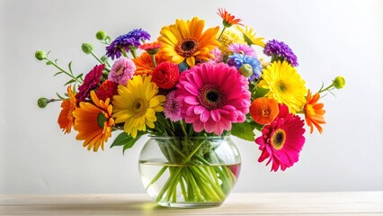 Obraz premium A colorful and cheerful bouquet of gerbera daisies in a clear glass vase symbolizes joy, happiness, and fresh beginnings.