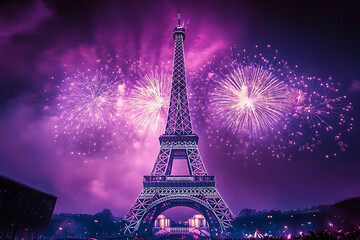 fireworks over the Eiffel tower New Year in Paris ,Celebratory colorful fireworks over the Eiffel Tower in Paris, France