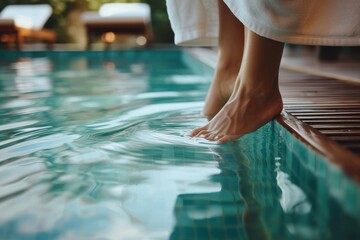 Woman in bathrobe dipping toes into swimming pool Low section of a woman dipping toes into swimming pool at spa.