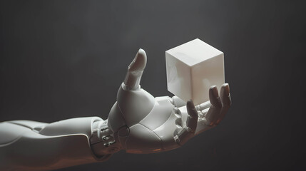 Big data, machine learning, blockchain and AI algorithm the new technology change the world concept, hand of robotic holding digital cube