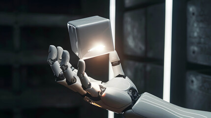 Big data, machine learning, blockchain and AI algorithm the new technology change the world concept, hand of robotic holding digital cube