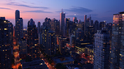 Obraz premium a bird's-eye view of a bustling city skyline at dusk. The buildings' lights are just starting to illuminate, casting a warm glow over the city