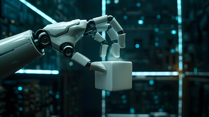 Big data, machine learning, blockchain and AI algorithm the new technology change the world concept, hand of robotic holding digital cube