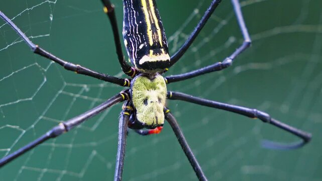 Golden orb web spider female close up on a web with sound 