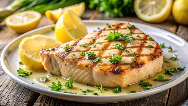 A grilled swordfish steak topped with fresh herbs and lemon wedges, symbolizing healthy eating, summer grilling, seafood cuisine, Mediterranean flavors, and a delicious meal.