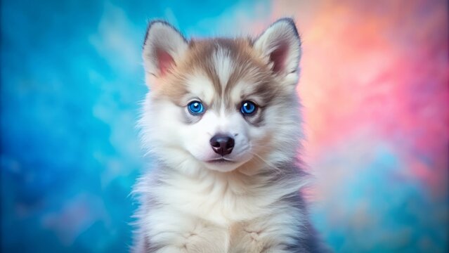 Adorable pomsky puppy with piercing blue eyes gazes directly at camera, set against a soft pink and blue ombre background, showcasing its irresistible charm.