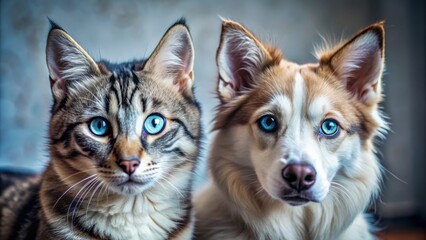 A heartwarming image of a cat and a dog, side by side, both with stunning blue eyes. The image symbolizes friendship, companionship, and the bond between different species.