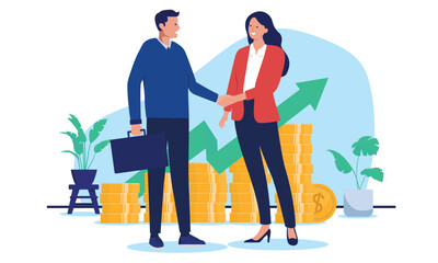 Profitable successful business deal - Two businesspeople shaking hands over agreement in front of rising money chart and green arrow pointing up. Partnership concept in flat design vector illustration