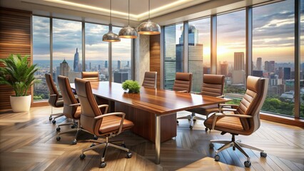 Fototapeta premium A modern office space with a large wooden table, leather chairs, and a cityscape background, conveying a sense of business, teamwork, and success.