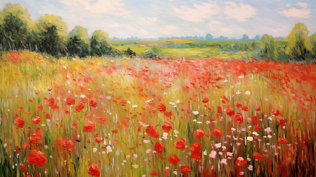 Vibrant summer poppy field in impressionist style