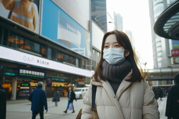 young asian woman wearing a protective face mask to prevent the spread of germs and viruses in the city