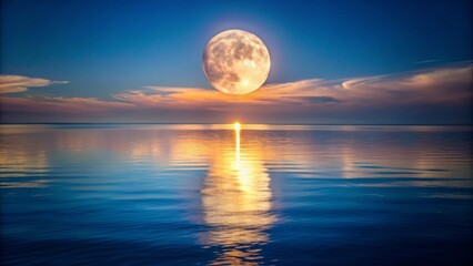 A mesmerizing sunset scene with a full moon reflecting on the calm ocean surface. The sky is painted in hues of orange and blue, symbolizing tranquility, peace, and the beauty of nature.