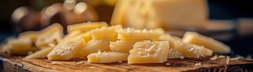 Close-up of grated cheese chunks on a wooden cutting board with a blurred background, perfect for culinary and food-related themes.