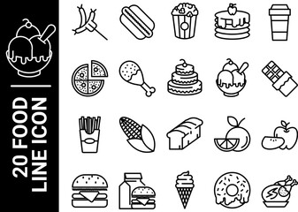 20 food line icon, black and white