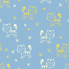 Seamless pattern with cute kitten print. Different scandy cats on color background. Scandinavian style illustration for kids. Vector illustration for fabric, textile, wallpaper, home clothing, pajama