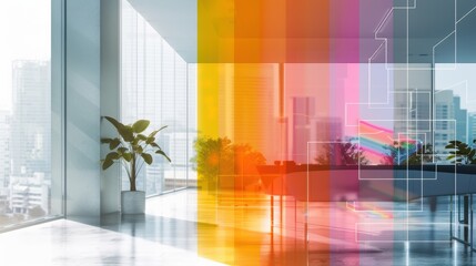 Modern office interior with large windows showing the city with a colorful overlay showing data analysis