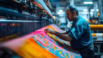 Vivid capture of a middle-aged engineer overseeing quality control in a textile factory, weaving machines, vibrant fabrics, dramatic lighting, high-end photography