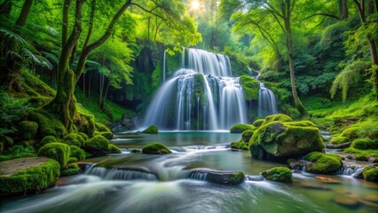 Fototapeta premium A serene waterfall cascades down moss-covered rocks, surrounded by vibrant green foliage and sunlight filtering through the trees, symbolizing tranquility, nature's beauty, serenity, rejuvenation, and