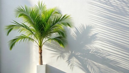 A single palm tree stands against a white wall, its leaves casting a long shadow. The image evokes a sense of tranquility, tropical vibes, and the beauty of nature.