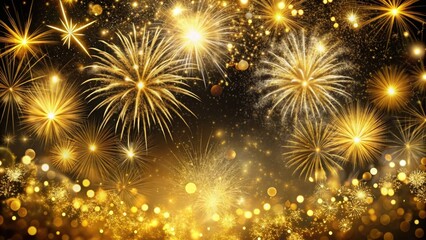 Golden Fireworks on black background with golden sparkling shimmered bokeh. Elegant Gold and Black Background with copy space for text, for New Year, Christmas celebrations and festive events