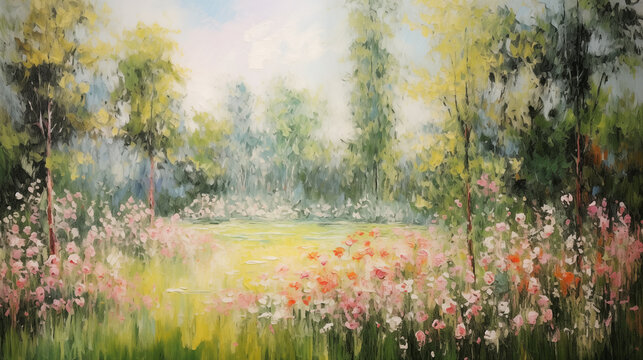 Summer impressionist landscape with lush greenery and vibrant flowers