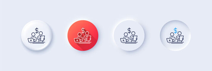 Budget accounting line icon. Neumorphic, Red gradient, 3d pin buttons. Money investment sign. Stock shares traders symbol. Line icons. Neumorphic buttons with outline signs. Vector