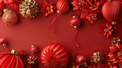 Festive background Happy New Year in Asian style. Happy Chinese New Year banner background template. Decoration with traditional festival lanterns on a red background.