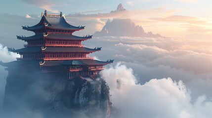 An ancient temple perched on a mountain peak with clouds swirling below.