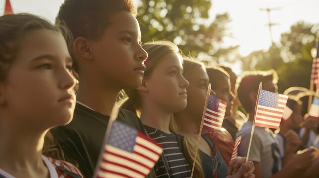 Diverse group of children holding american flags watching a parade in their community on a sunny day