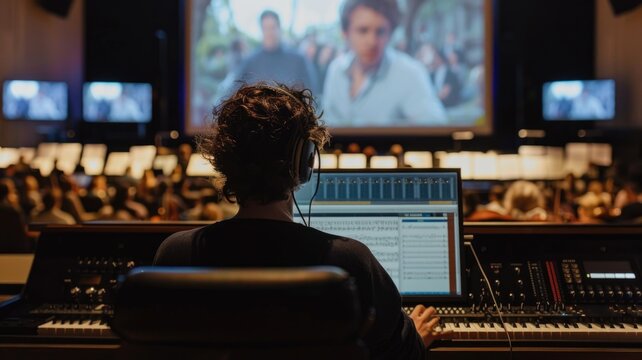 A composer working in a studio, scoring music for a film with a large screen showing scenes in the background