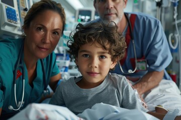 Obraz premium The image captures two doctors attending to a child patient in a hospital room, expressing the team effort of healthcare professionals providing medical care in a clinical setting.