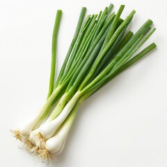 Medium shot of Green onions bunch, isolated on a white background, bright and vivid tonality, 