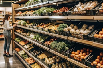A woman shopping for fresh produce in a grocery store aisle, showcasing a wide variety of colorful fruits and vegetables. The image emphasizes healthy eating, grocery shopping, and the abundance of fr