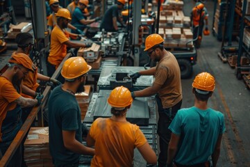 A group of workers in a warehouse sorting packages on a conveyor belt, all wearing helmets and safety vests, exemplifying teamwork, efficiency, and precision in a high-paced industrial environment.