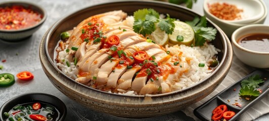 Hainanese Chicken Rice in Singapore. A close-up of Hainanese chicken rice with sliced chicken, rice, garnished with herbs, and a drizzle of spicy sauce in a rustic bowl.